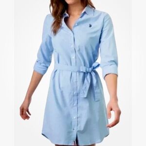 US Polo Assn Light Blue Long-Sleeve Oxford Shirt Dress Logo Tie Embroidery L